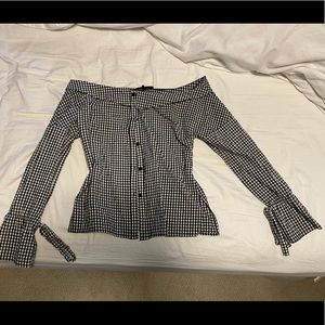 vintage checkered off the shoulder button-up shirt